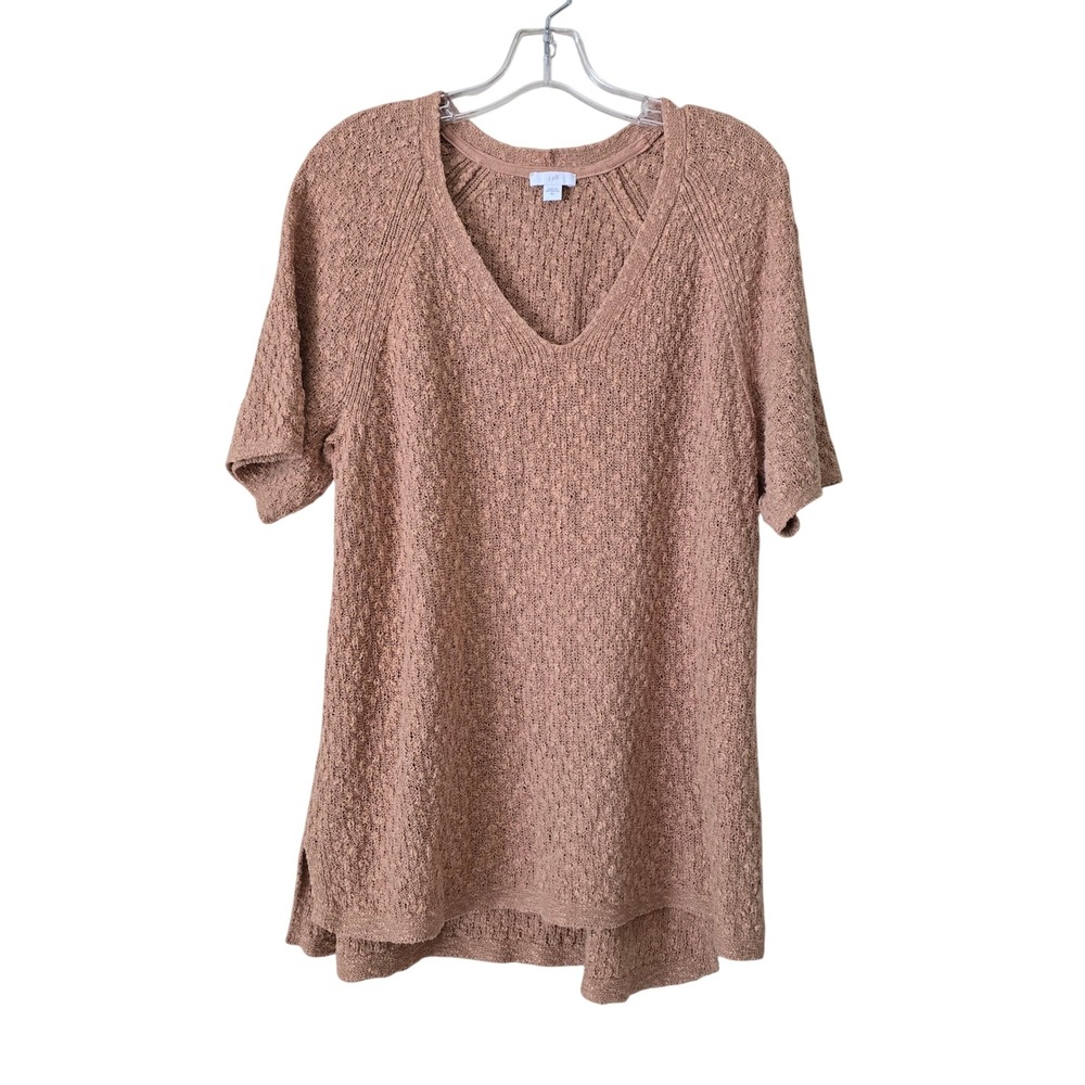 J. Jill Womens XL Brown Knit V-Neck Short Sleeve Sweater Top Cotton Blend